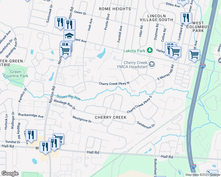 map of restaurants, bars, coffee shops, grocery stores, and more near 675 Cherryhaven Drive in Columbus
