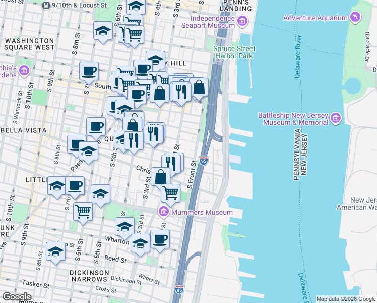 map of restaurants, bars, coffee shops, grocery stores, and more near 115 Catharine Street in Philadelphia