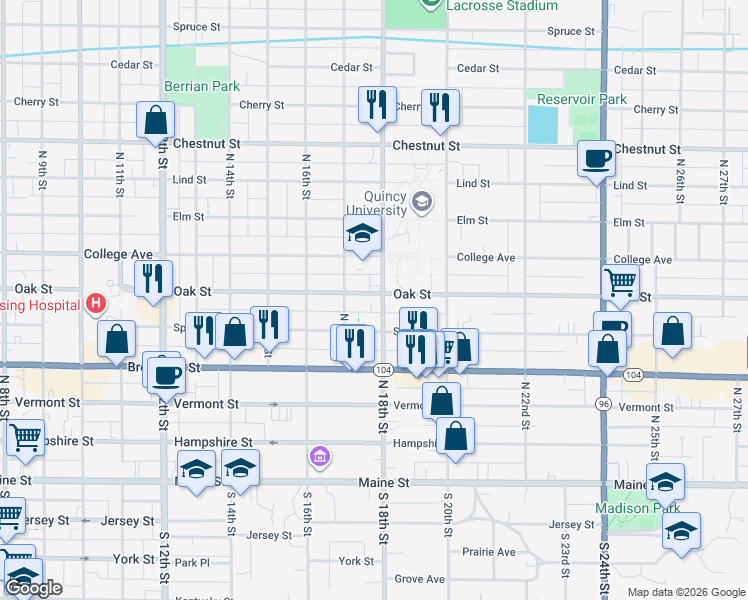 map of restaurants, bars, coffee shops, grocery stores, and more near 1732 Oak Street in Quincy