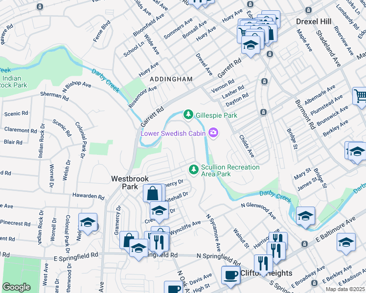 map of restaurants, bars, coffee shops, grocery stores, and more near 521 Gia Circle in Clifton Heights