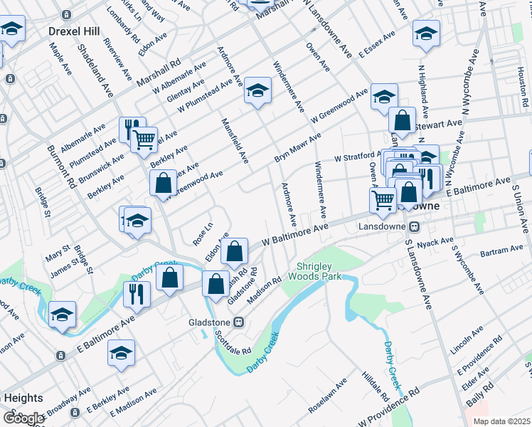 map of restaurants, bars, coffee shops, grocery stores, and more near 25 Martin Drive in Lansdowne