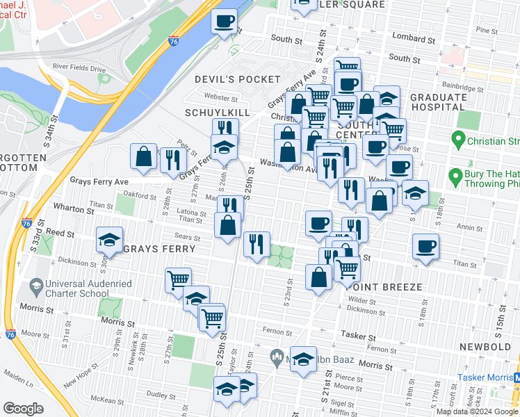 map of restaurants, bars, coffee shops, grocery stores, and more near 2433 Oakford Street in Philadelphia