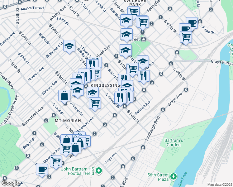 map of restaurants, bars, coffee shops, grocery stores, and more near 5345 Greenway Avenue in Philadelphia