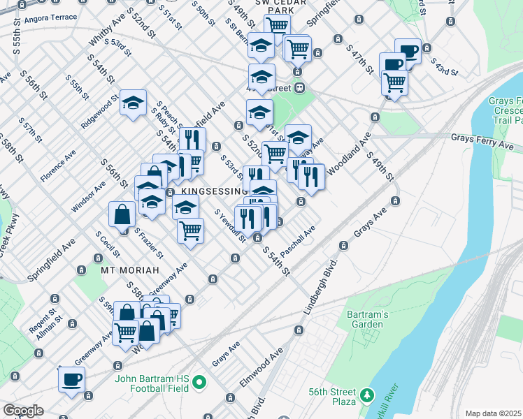 map of restaurants, bars, coffee shops, grocery stores, and more near 5311 Yocum Street in Philadelphia