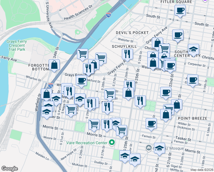 map of restaurants, bars, coffee shops, grocery stores, and more near in Philadelphia