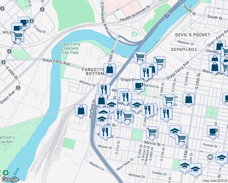 map of restaurants, bars, coffee shops, grocery stores, and more near 1309 South 32nd Street in Philadelphia