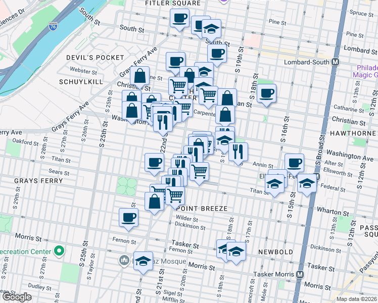 map of restaurants, bars, coffee shops, grocery stores, and more near 1201 South 21st Street in Philadelphia