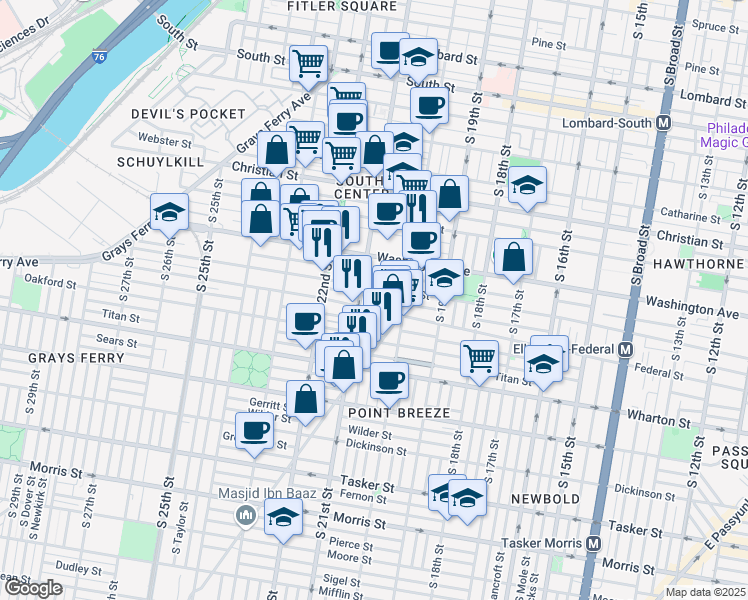 map of restaurants, bars, coffee shops, grocery stores, and more near 2044 Annin Street in Philadelphia