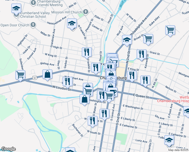 map of restaurants, bars, coffee shops, grocery stores, and more near 132 Lincoln Way West in Chambersburg