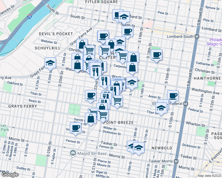 map of restaurants, bars, coffee shops, grocery stores, and more near 2044 Annin Street in Philadelphia