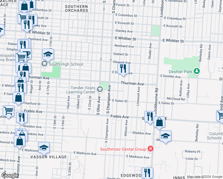 map of restaurants, bars, coffee shops, grocery stores, and more near 1328 South Champion Avenue in Columbus