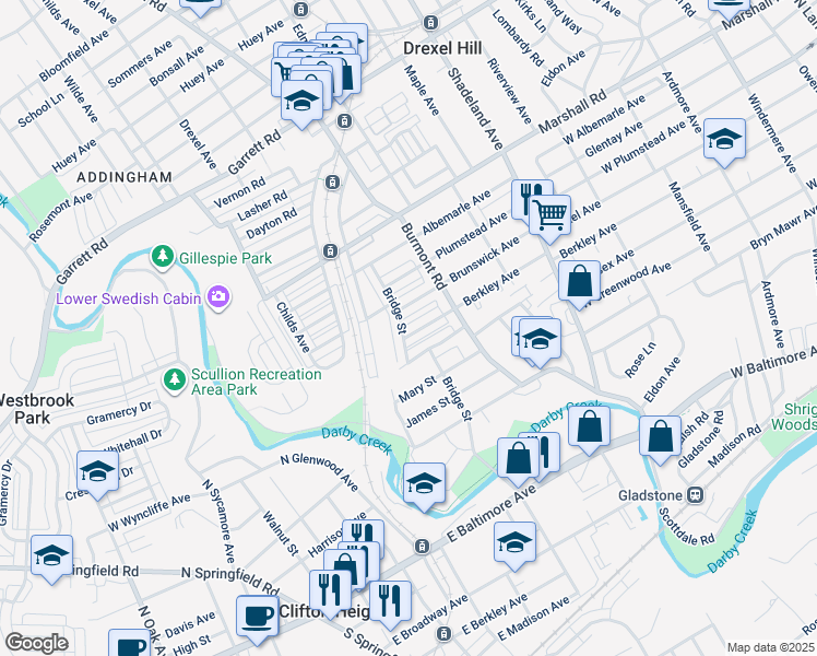 map of restaurants, bars, coffee shops, grocery stores, and more near 3853 Berkley Avenue in Drexel Hill