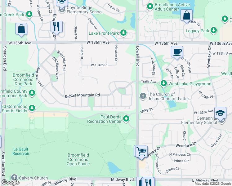 map of restaurants, bars, coffee shops, grocery stores, and more near 3822 Rabbit Mountain Road in Broomfield