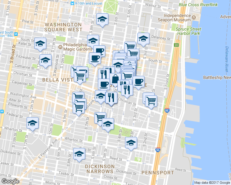 map of restaurants, bars, coffee shops, grocery stores, and more near S 5th St & Queen St in Philadelphia