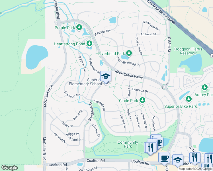map of restaurants, bars, coffee shops, grocery stores, and more near 1800 South Indiana Street in Superior