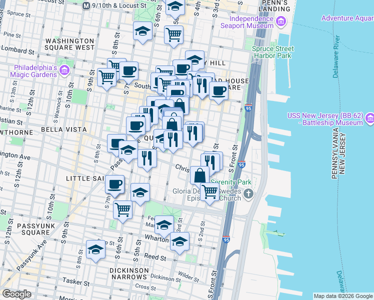 map of restaurants, bars, coffee shops, grocery stores, and more near 814 South 3rd Street in Philadelphia