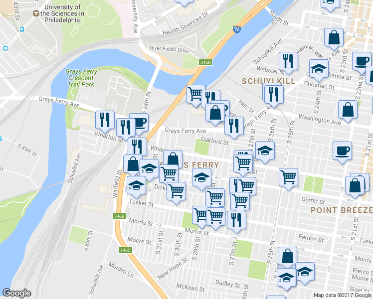 map of restaurants, bars, coffee shops, grocery stores, and more near 3020 Titan Street in Philadelphia