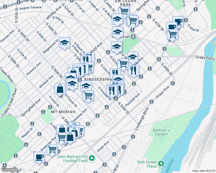 map of restaurants, bars, coffee shops, grocery stores, and more near 5345 Greenway Avenue in Philadelphia