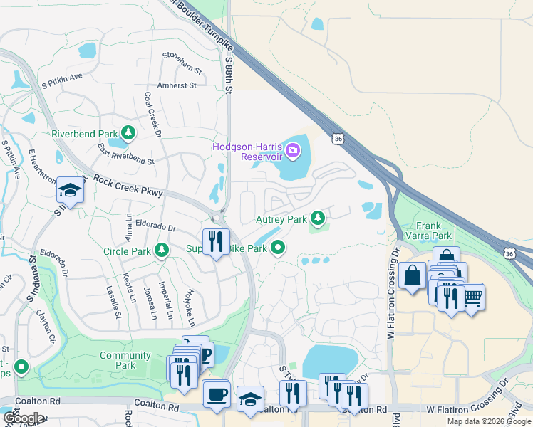 map of restaurants, bars, coffee shops, grocery stores, and more near 1817 Reliance Circle in Superior