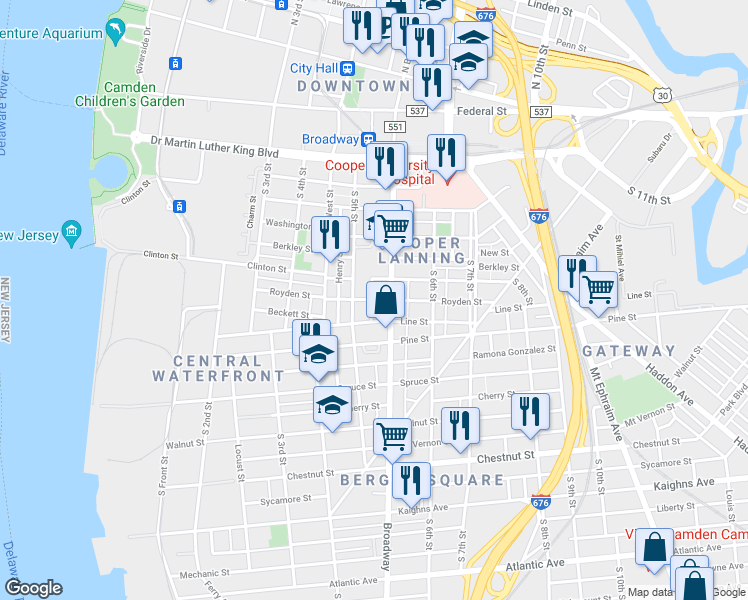 map of restaurants, bars, coffee shops, grocery stores, and more near 537 Royden Street in Camden