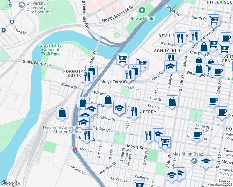map of restaurants, bars, coffee shops, grocery stores, and more near 3020 Titan Street in Philadelphia
