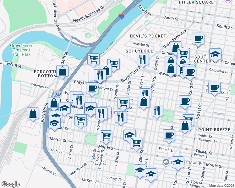 map of restaurants, bars, coffee shops, grocery stores, and more near 1266 South 28th Street in Philadelphia