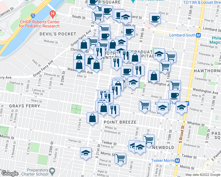 map of restaurants, bars, coffee shops, grocery stores, and more near 2056 Annin Street in Philadelphia