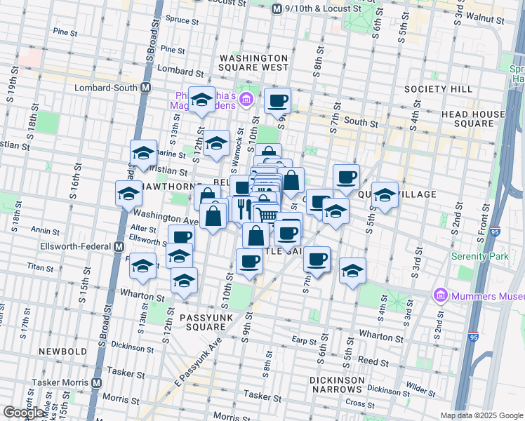 map of restaurants, bars, coffee shops, grocery stores, and more near 936R South 9th Street in Philadelphia
