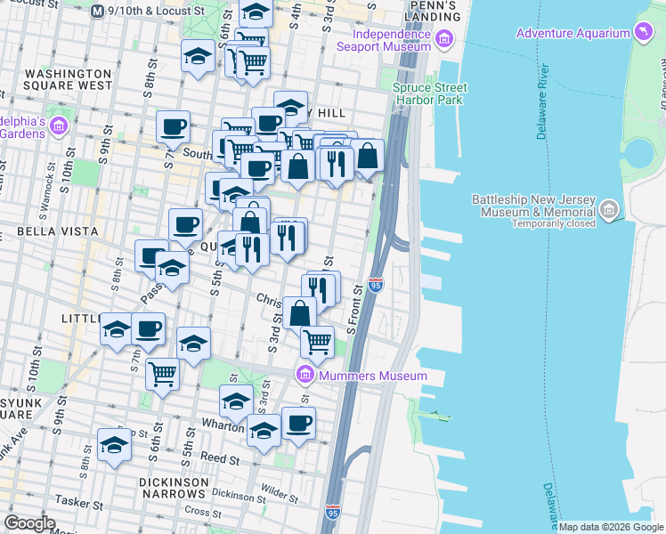 map of restaurants, bars, coffee shops, grocery stores, and more near 115 Catharine Street in Philadelphia