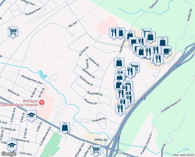 map of restaurants, bars, coffee shops, grocery stores, and more near 262 Matthew Drive in Chambersburg