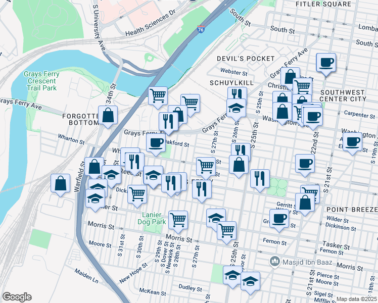map of restaurants, bars, coffee shops, grocery stores, and more near 1251 South Newkirk Street in Philadelphia