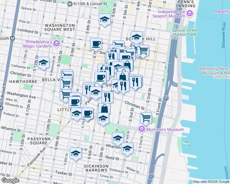 map of restaurants, bars, coffee shops, grocery stores, and more near 441 Christian Street in Philadelphia