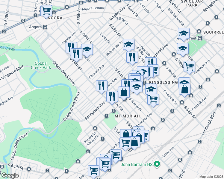 map of restaurants, bars, coffee shops, grocery stores, and more near 5706 Belmar Street in Philadelphia