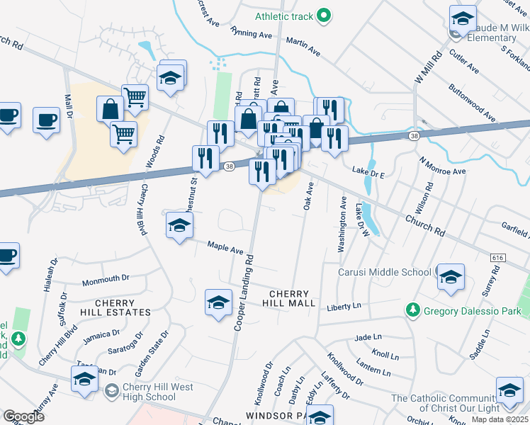 map of restaurants, bars, coffee shops, grocery stores, and more near 50 Mara Court in Cherry Hill