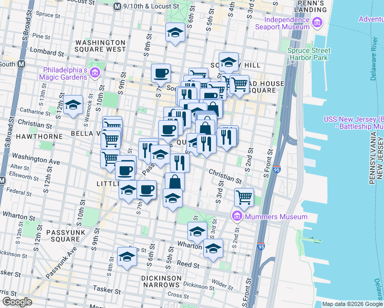 map of restaurants, bars, coffee shops, grocery stores, and more near 441 Christian Street in Philadelphia