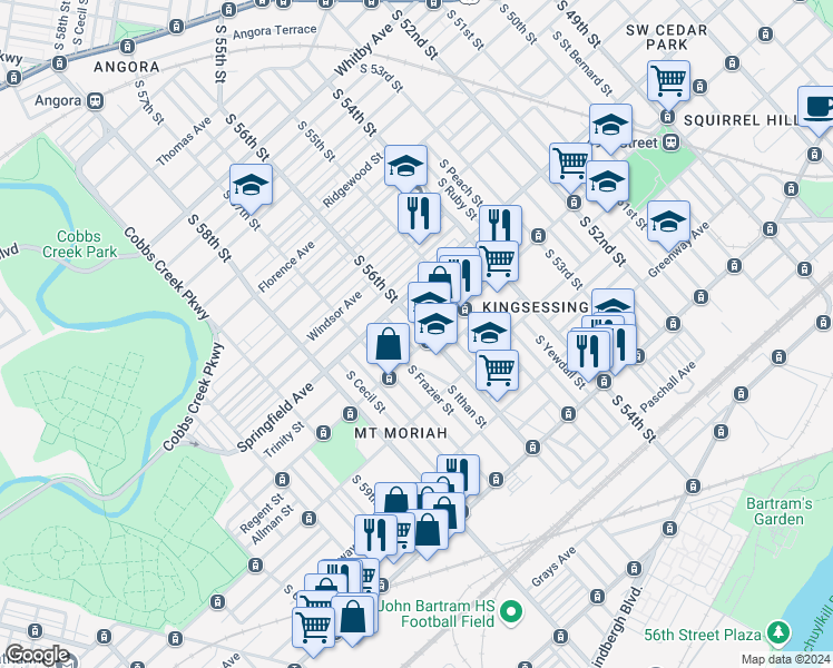 map of restaurants, bars, coffee shops, grocery stores, and more near 1640 South 56th Street in Philadelphia
