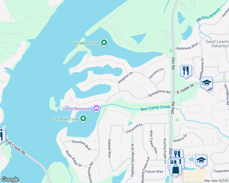 map of restaurants, bars, coffee shops, grocery stores, and more near 10207 Springstone Road in McCordsville
