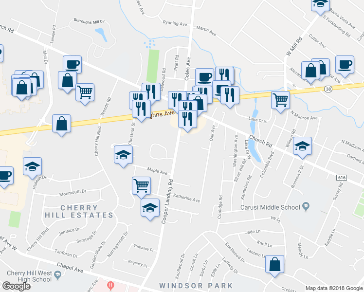 map of restaurants, bars, coffee shops, grocery stores, and more near 50 Mara Court in Cherry Hill