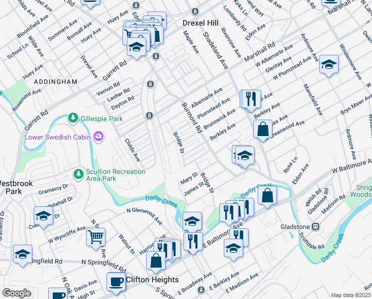 map of restaurants, bars, coffee shops, grocery stores, and more near 3853 Berkley Avenue in Drexel Hill