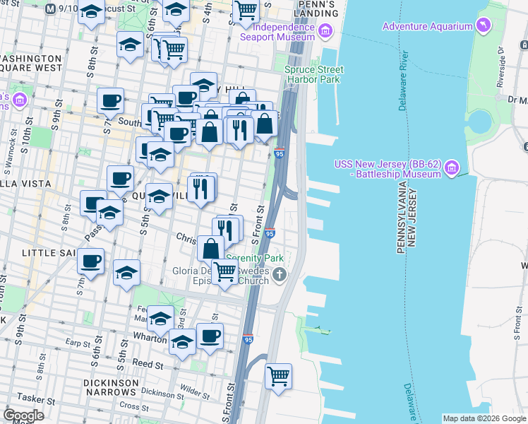 map of restaurants, bars, coffee shops, grocery stores, and more near 781 South Front Street in Philadelphia