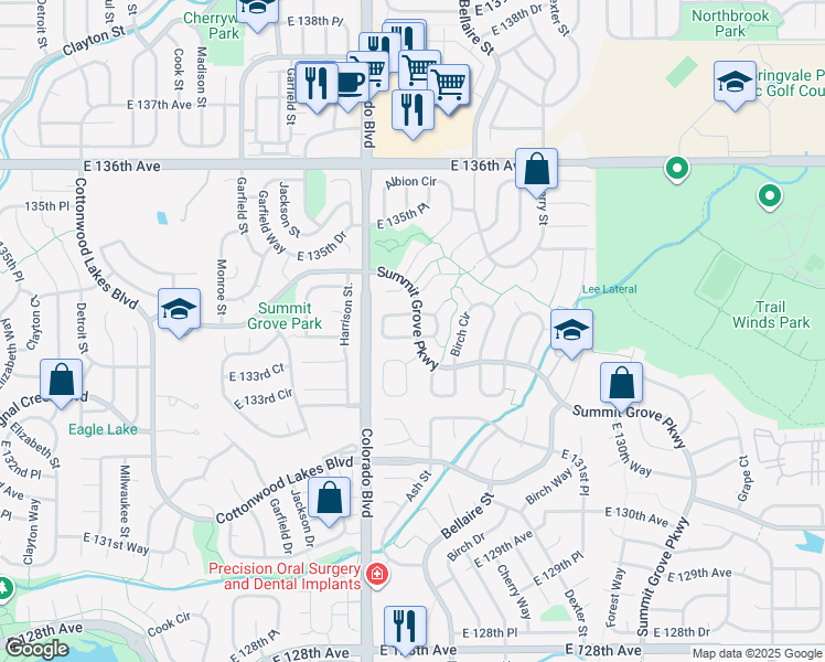 map of restaurants, bars, coffee shops, grocery stores, and more near 13301 Albion Circle in Thornton