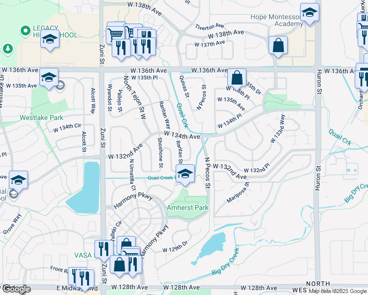 map of restaurants, bars, coffee shops, grocery stores, and more near 13193 Raritan Street in Westminster