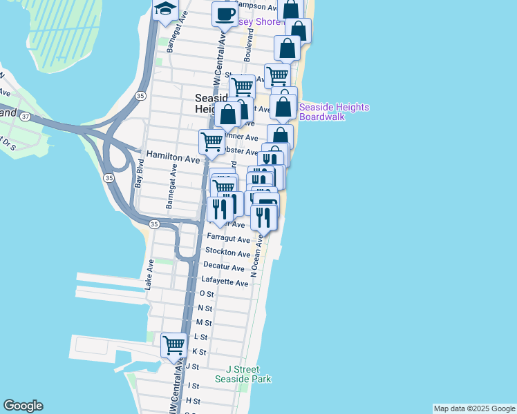 map of restaurants, bars, coffee shops, grocery stores, and more near 33 Dupont Avenue in Seaside Heights