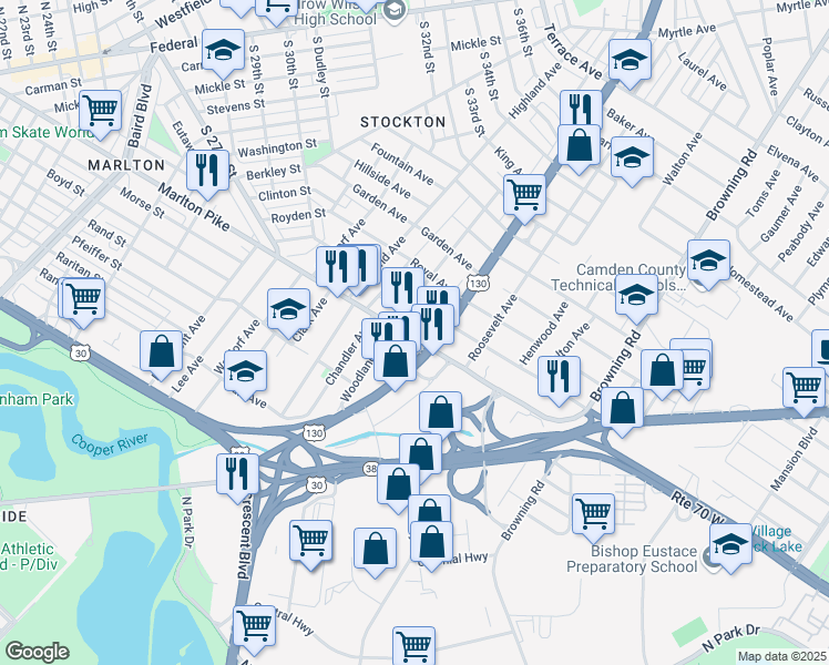 map of restaurants, bars, coffee shops, grocery stores, and more near 6807 South Crescent Boulevard in Pennsauken Township