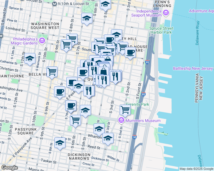 map of restaurants, bars, coffee shops, grocery stores, and more near 342 Queen Street in Philadelphia
