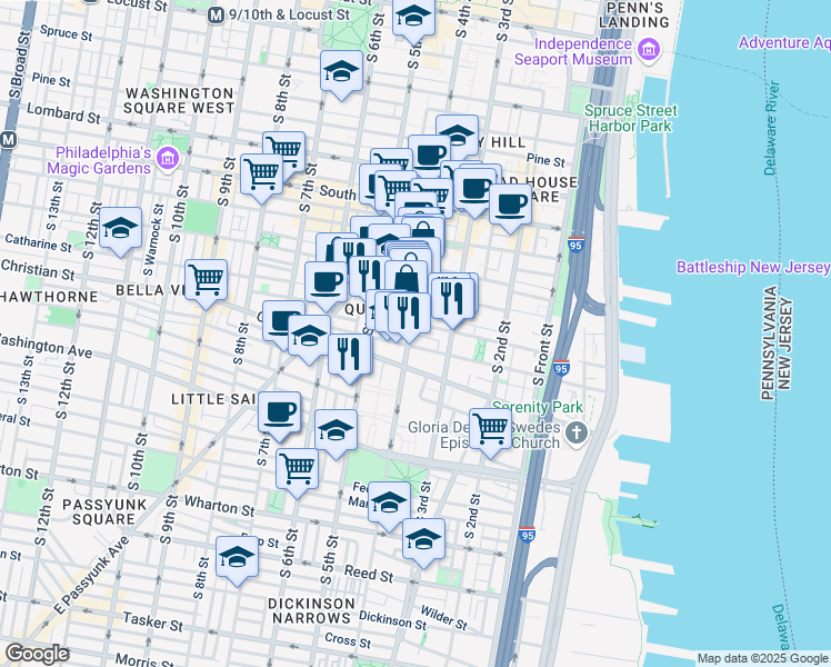 map of restaurants, bars, coffee shops, grocery stores, and more near 342 Queen Street in Philadelphia
