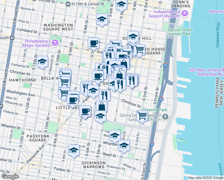 map of restaurants, bars, coffee shops, grocery stores, and more near 441 Christian Street in Philadelphia