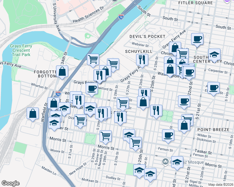 map of restaurants, bars, coffee shops, grocery stores, and more near 1266 South 28th Street in Philadelphia