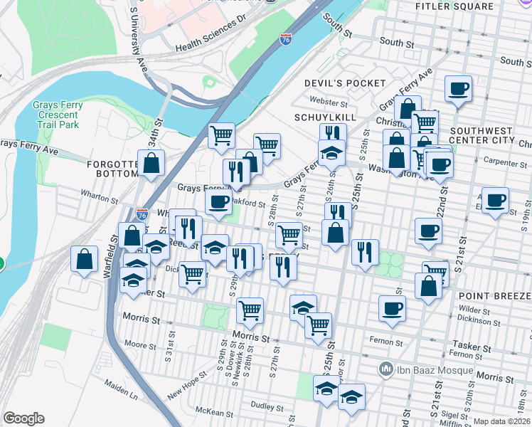 map of restaurants, bars, coffee shops, grocery stores, and more near 1266 South 28th Street in Philadelphia