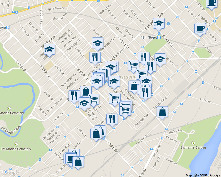 map of restaurants, bars, coffee shops, grocery stores, and more near 5513 Kingsessing Avenue in Philadelphia
